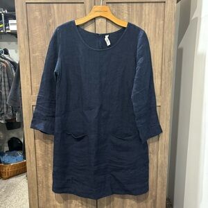 Studio 412 Linen Dress size small navy blue 3/4 sleeves pockets